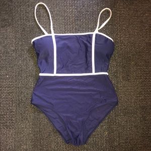 Navy blue one piece swim suit.